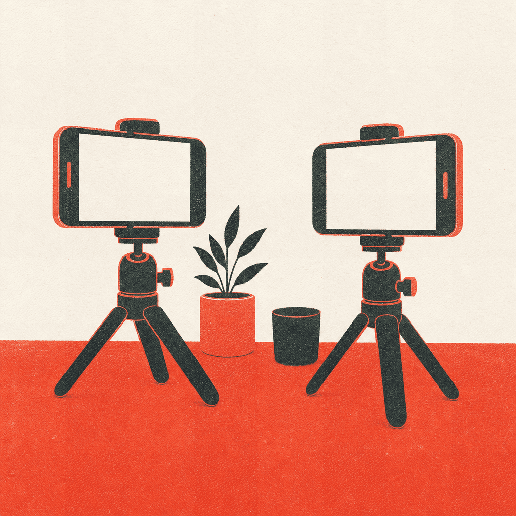 Deux téléphones sur trépieds face à face, illustration sérigraphiée